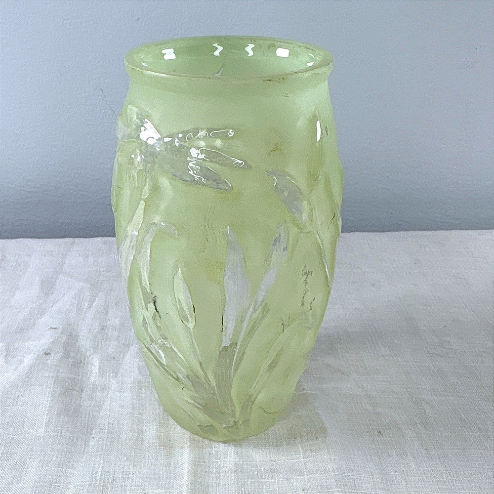 Frosted Green Glass Dragonfly & Cattail Embossed Vase